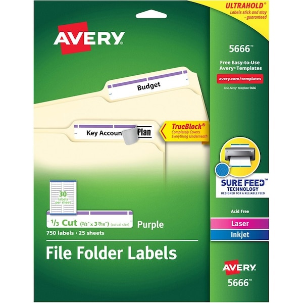 Avery File Folder Labels, TrueBlock, 1/3 Cut, 750/PK, Purple PK AVE5666 - main
